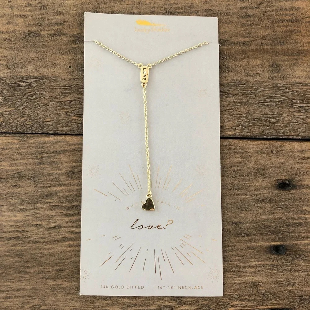 New Lucky Feather 14k Gold Dipped Love Y Drop Fashion Necklace Heart 16”-18” NWT